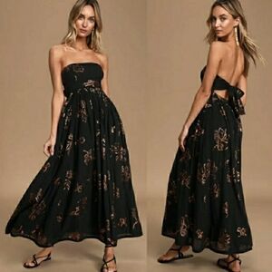 Free People Baja Babe Maxi Midi dress strapless black copper flower Sz Small